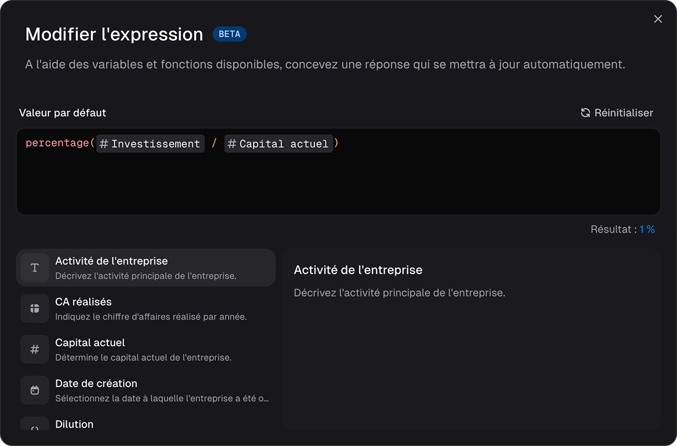 Popup du paramètrage d'un champ expression