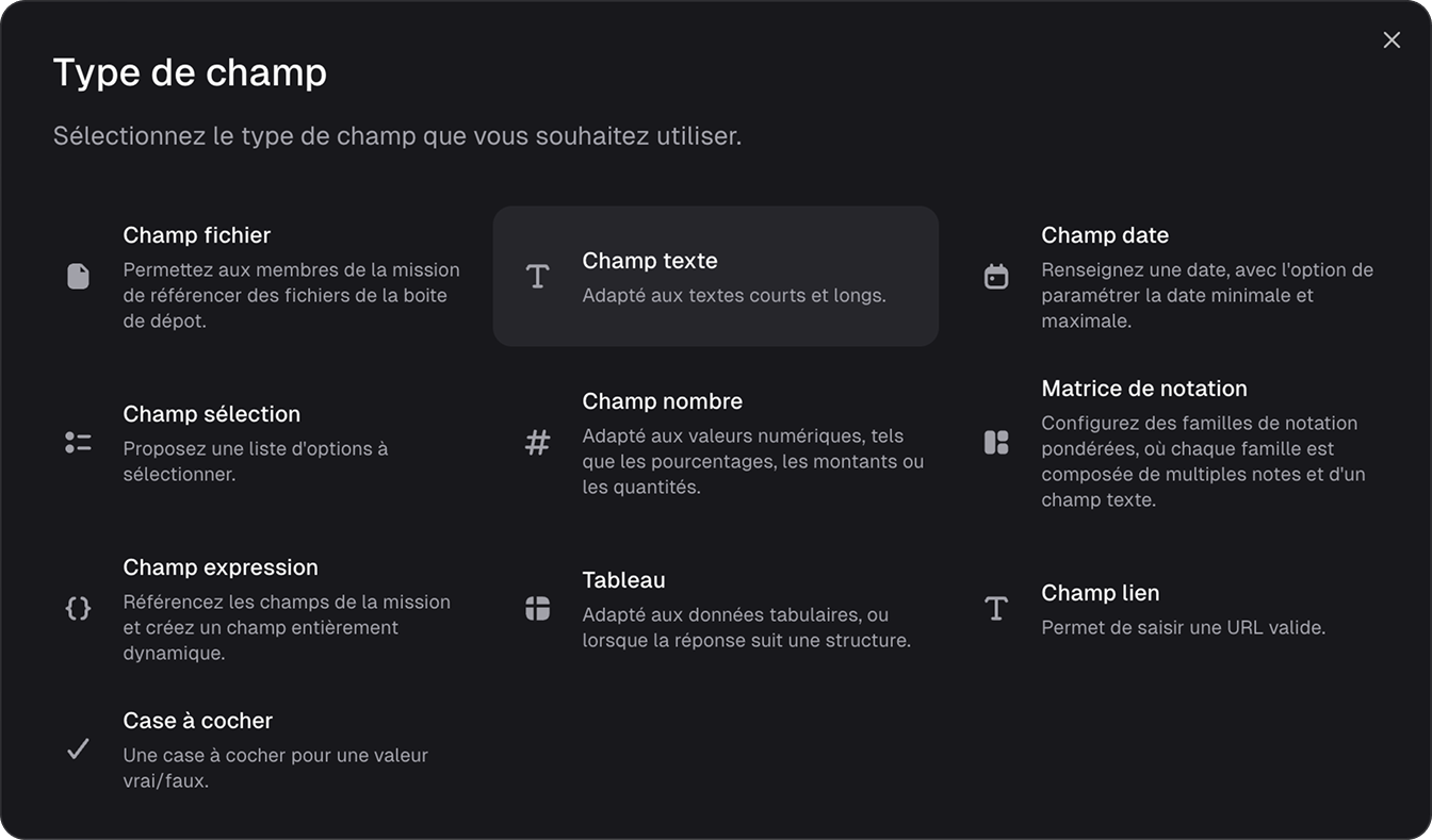 Popup avec tous les champs au choix